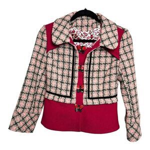 Vintage Wool Blazer Cropped Tweed Coat Pink Cream Black Leopard Women 4